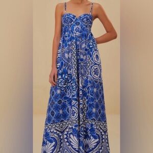FARM Rio "Tile Dream" Blue and White Patterned Maxi Dress in XS